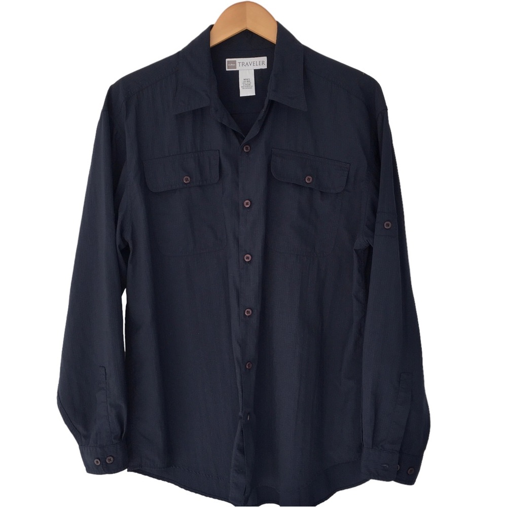 L.L. Bean Traveler Navy Blue Nylon Button Up | L